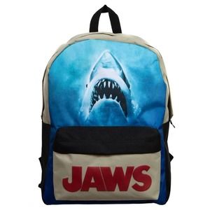 Bioworld Jaws Shark Graphic Backpack in Blue, Black, Beige with Red Logo